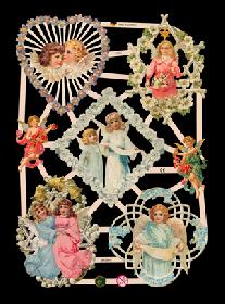 Glanzbilder - 7 Engel, u.a. mit Blumenkränzen