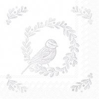 Napkins 25x25 cm - BRIGHT BIRD WREATH wh. silver
