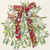 Napkins 25x25 cm - BIRDS IN MISTLETOE cream