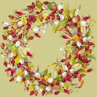 Servietten 33x33 cm - ROSE HIP WREATH green