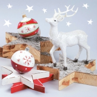 Serviettes 33x33 cm - White Reindeer with Wooden Stars