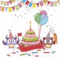 Servietten 33x33 cm - Funny Owls with B-day Cake