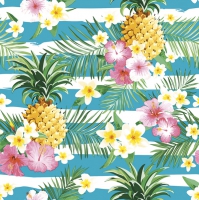 Napkins 33x33 cm - Tropical Flowers and Pineapples on Stripes