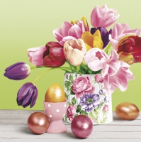 Napkins 33x33 cm - Pastel Tulips Bouquet with Golden Eggs 