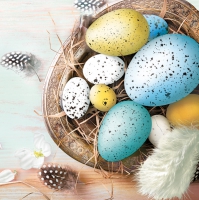 Serviettes 33x33 cm - Easter Eggs with Feathers on Blue
