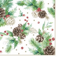 Napkins 33x33 cm - Cones & Hollyberry on White