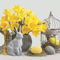 Tovaglioli 33x33 cm - Concrete Rabbit and Eggs with Yellow Tulips