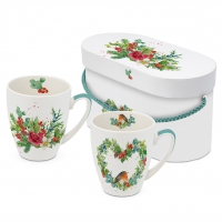 Porzellan-Henkelbecher - Robin Heart & Flora Christmas 2 Mug Set