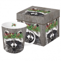 Porcelain cup with handle - Winter Berry Racoon