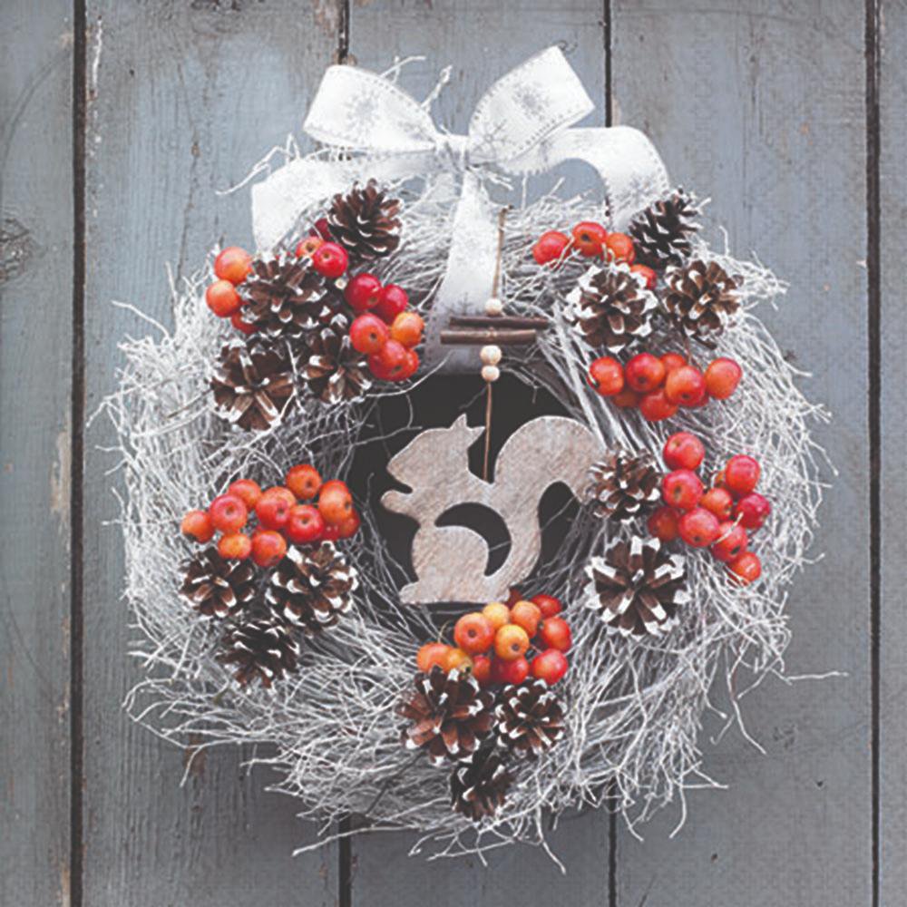 Napkins 25x25 cm - Squirrel in wreath, Squirrel,  Pine cones,  fall,  Ice crystals,  snowflakes,  Berries,  fruits,  Advent wreath