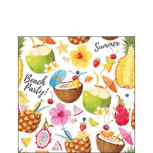 Napkins 25x25 cm - Beach party white, Coconut,  Pineapple,  Dragon fruit,  Beach bar,  Party,  Southern fruits,  Strawberries,  South Seas,  Cocktails,  Fruits,  Regions,  Drinks