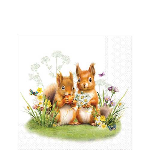 Servetten 25x25 cm - Little squirrels , Narcissen,  Eekhoorn,  Vlinders,  Narcissen,  Bos,  Dieren,  Bloemen,  Weiden