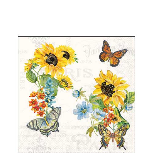 Servietten 25x25 cm - Charming sunflowers , Sonnenblumen,  Blumen,  Schmetterlinge,  Vintage,  Tiere