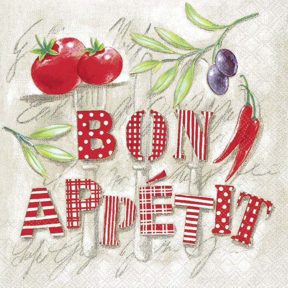 Servilletas 33x33 cm - Bon Appetit , aceitunas,  tomates,  guiones,  Verduras,  Frutas