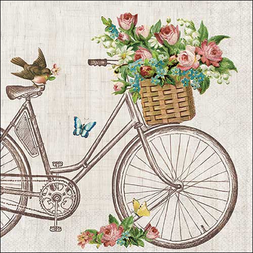 Servietten 33x33 cm - Robin on bike , Schmetterlinge,  Fahrräder,  Rosen,  Vögel,  Vogel,  Vintage,  Fahrzeuge,  Blumen,  Tiere