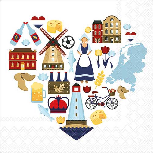 Servilletas 33x33 cm - Holland landmarks, Holanda,  Países Bajos,  Molinos de viento,  Queso,  Canales,  Mar,  Faros,  Tulipanes,  Países,  Playa,  Flores