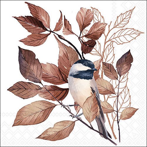 Napkins 33x33 cm - Lovely chickadee white, Bird,  Autumn leaves,  white,  Leaves,  foliage,  Birds,  Animals