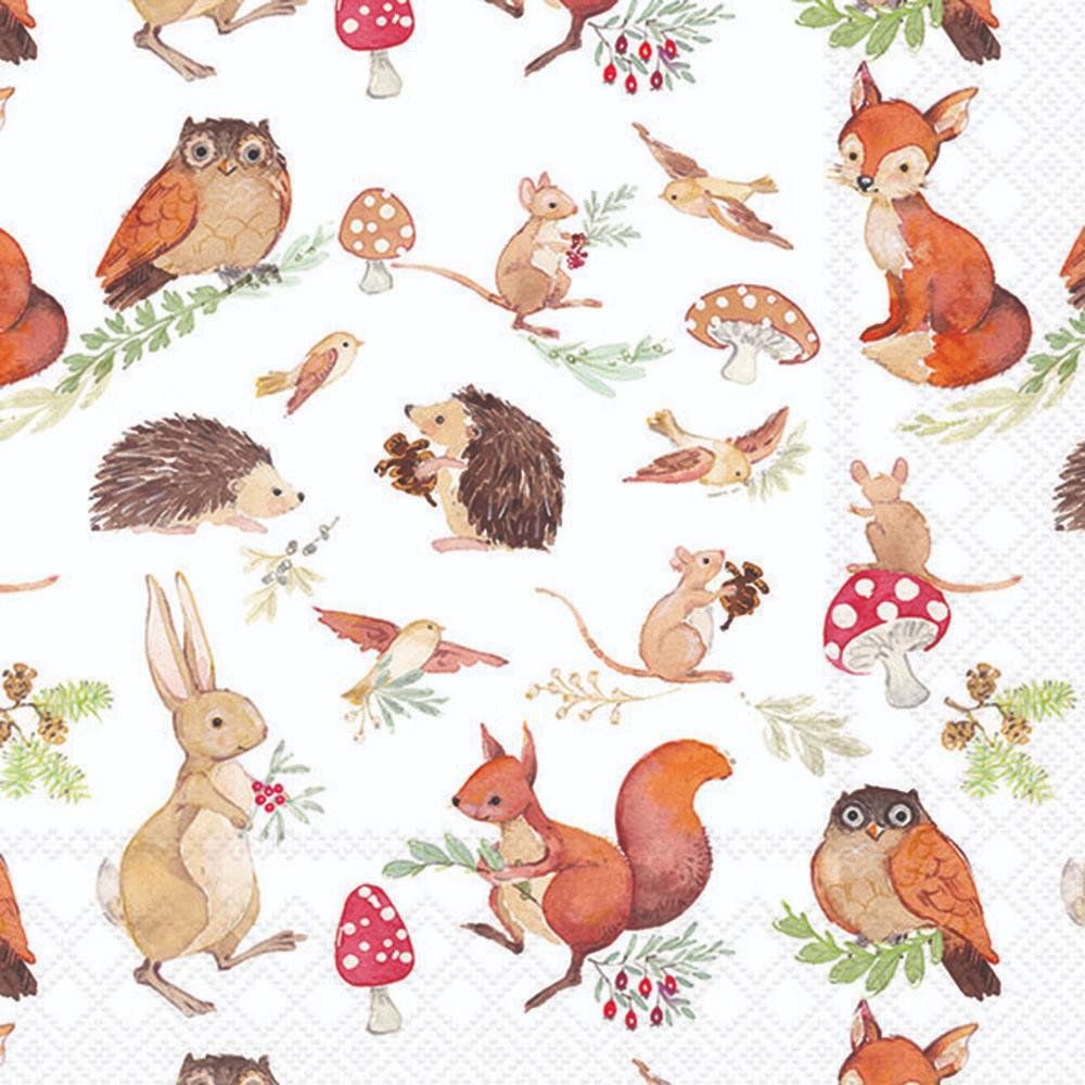 Servietten 33x33 cm - Woodland animals, Fliegenpilze,  Eule,  Uhu,  Vogel,  Maus,  Vögel,  Piepmatz,  Hasen,  Tiere,  Eichhörnchen,  Igel