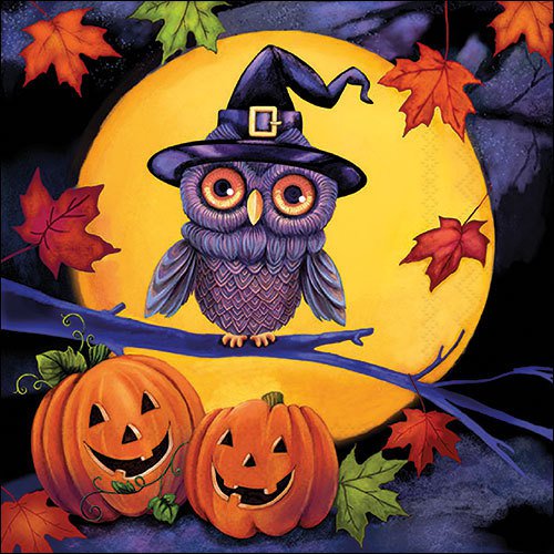 Napkins 33x33 cm - Halloween owl, Halloween,  creepy,  Owl,  Eagle owl,  Full moon,  Fall,  Pumpkins,  vegetables,  Birds,  Bird,  Animals