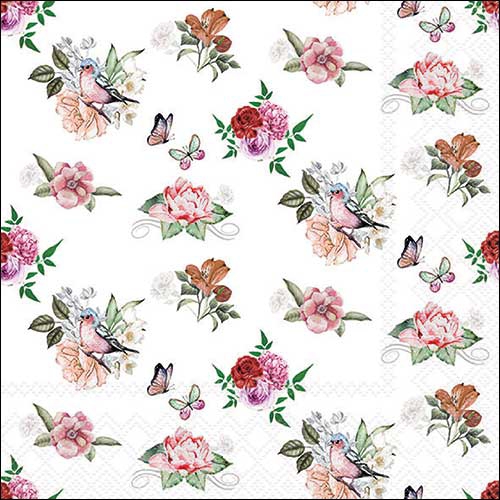 Servilletas 33x33 cm - Charlotte white , Rosas,  Mariposas,  Vintage,  Pájaros,  Flores,  Animales