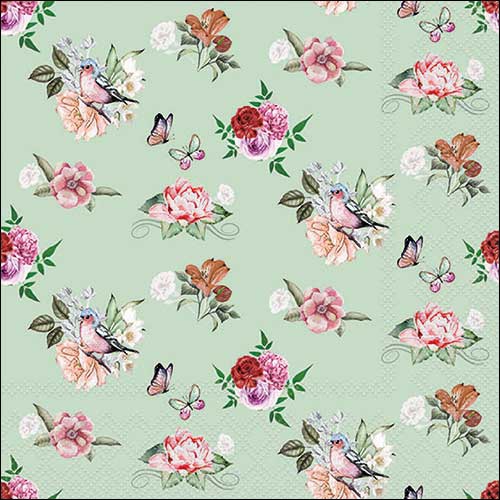Servilletas 33x33 cm - Charlotte green , Rosas,  Mariposas,  Pájaros,  Vintage,  Flores,  Animales