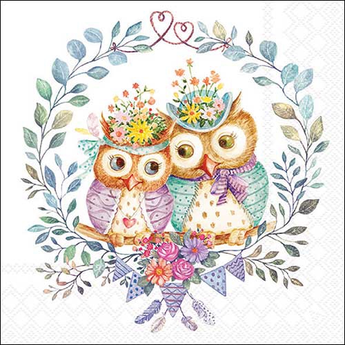 Tovaglioli 33x33 cm - Owl couple in love , Gufi,  Gufo reale,  San Valentino,  Uccelli,  uccelli,  Matrimonio,  L´amore,  I fiori,  Animali,  Eventi