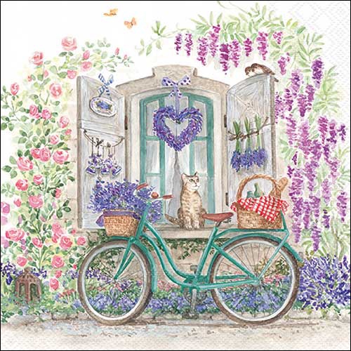 Napkins 33x33 cm - Bike with basket , Cats,  Windows,  Provence,  Lavender,  Bicycles,  Flowers,  France,  Spring,  Vehicles,  Countries,  Spring
