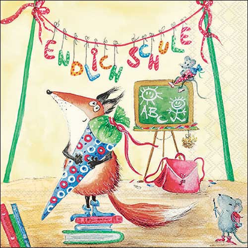 Servietten 33x33 cm - Endlich Schule , Einschulung,  Zuckertüte,  Maus,  Mäuse,  Schule,  Tiere,  Zeichentrick,  Ereignisse,  Comic