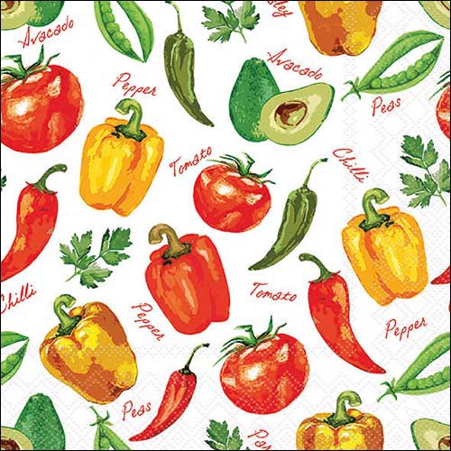 Tovaglioli 33x33 cm - Vegetables and herbs , Avocado,  Paprika,  Piselli,  Peperoncino,  Pomodori,  Verdure