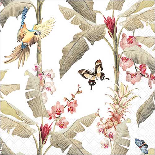 Servilletas 33x33 cm - Tropical scene white , Orquídeas,  Loro,  Palmeras,  Piña,  Pájaros,  Mariposas,  Selva y trópicos,  Plantas,  Animales,  Regiones