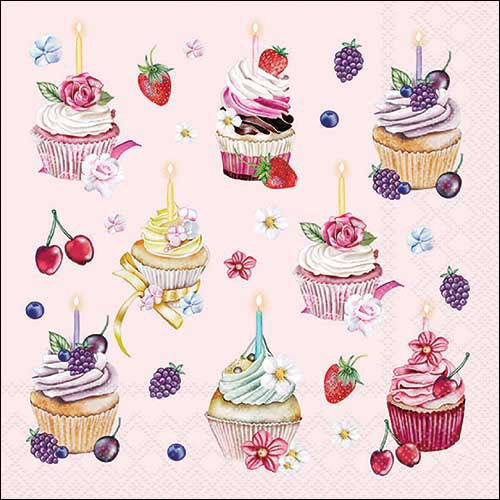Servilletas 33x33 cm - Fruity cupcakes pink , Magdalenas,  Magdalenas,  Velas,  Cumpleaños,  Fresas,  Pastel,  Dulces,  Moras,  Cerezas,  Galletas,  Frutas