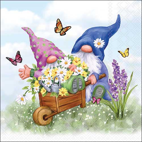 Napkins 33x33 cm - Gardening gnomes , Dwarves,  Gnomes,  Wheelbarrow,  Flower meadow,  Weights,  Flowers,  Spring,  Butterflies,  Forest,  Spring,  Animals,  Meadows