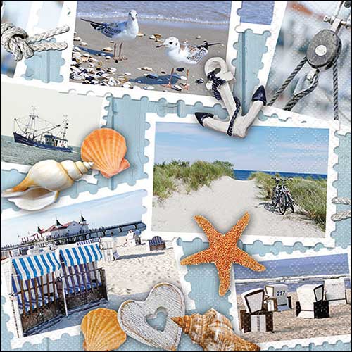 Servilletas 33x33 cm - Beach memories , Vacaciones,  Tarjeta postal,  Fotos,  Gaviotas,  Costa,  Mar,  Mejillones,  Barcos,  Playa