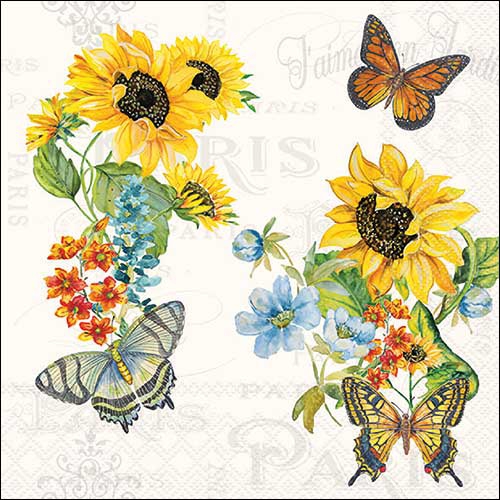 Servietten 33x33 cm - Charming sunflowers , Sonnenblumen,  Schmetterlinge,  Vintage,  Blumen,  Tiere