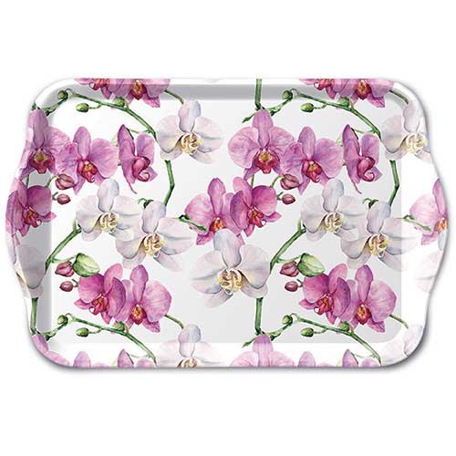 Tablett - Tray melamine 13x21 cm Elegant orchids white, Orchideen