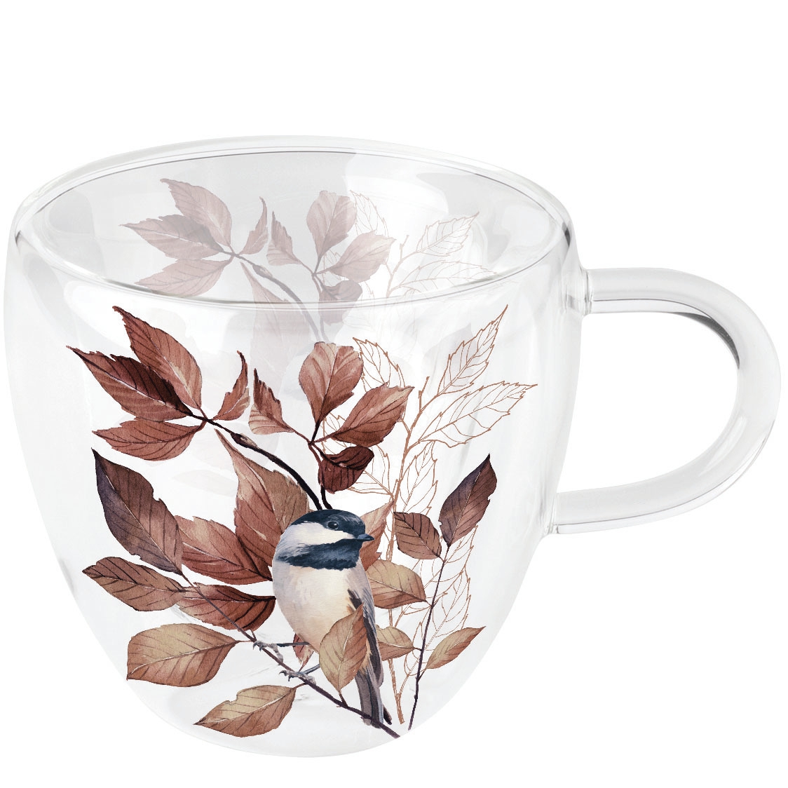 Vidrio de doble pared - Double-walled glass Lovely chickadee black, Hojas,  Pájaros,  Pájaros,  Tit