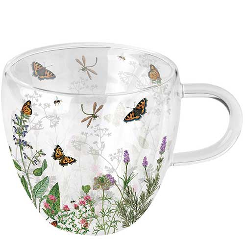 Vetro a doppia parete - Double-walled glass 0.2 L Herb garden, Erbe,  Farfalle,  Libellule,  Salvia,  Rosmarino