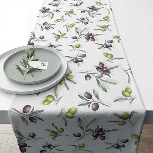 Tablerunners Cotone -  40x150 cm Delicious olives, Runner da tavolo,  tovaglia,  olive,  Mediterraneo