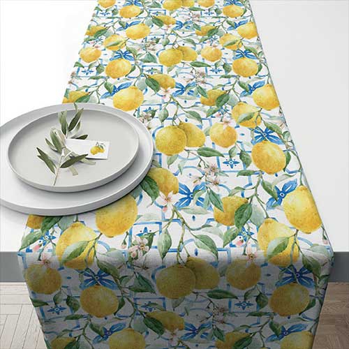 Bawełna Tablerunners -  40x150 cm Mediterranean lemons, Cytryny,  owoce tropikalne,  P?ytki,  P?ytki