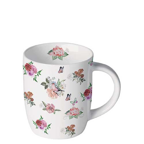 Tazza di porcellana - Mug 0.2 L Charlotte white, Le rose,  I fiori,  Farfalle,  Uccelli,  Uccelli