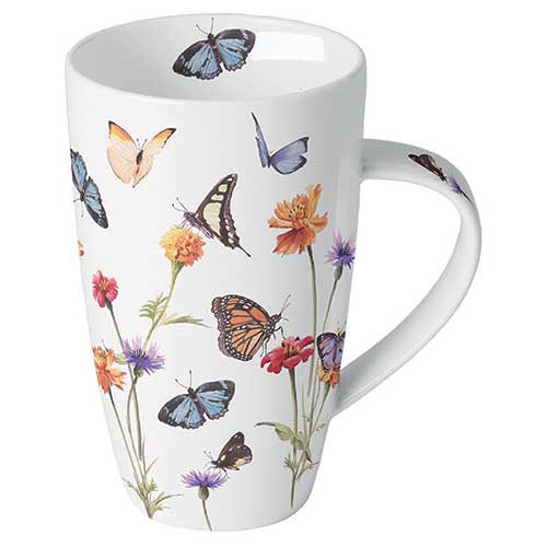 Tazza di porcellana - Butterfly garden white, I fiori,  Farfalle,  Prato fiorito,  Giardino,  Prato