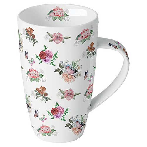 Tazza di porcellana - Charlotte white, I fiori,  Le rose,  Farfalle,  Uccelli,  Uccelli