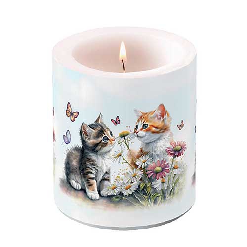 Candela decorativa media - Candle medium Kittens in flower field, Gattino,  Gatti,  Gattino,  Farfalle,  I fiori