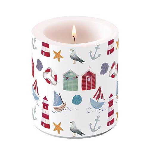 Candela decorativa media - Candle medium Nautical items, Spiaggia,  Mare,  Faro,  Gabbiani,  Navi