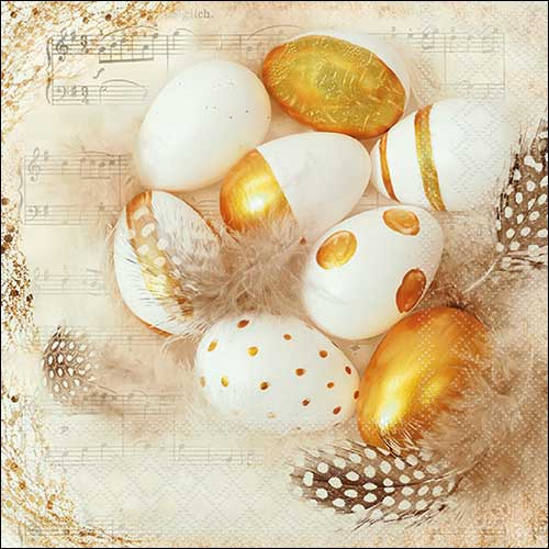 Servietten 33x33 cm - Golden eggs , Federn,  gold,  Ostereier,  Ostern