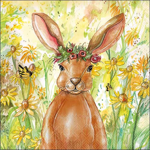 Servilletas 33x33 cm - Flower bunny , Conejo,  Conejo de Pascua,  Pradera de flores,  Mariposas,  Conejos,  Flores,  Bosque,  Semana Santa,  Animales,  Prados