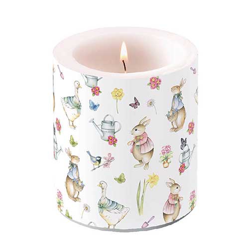 Candela decorativa media - Candle medium Easter garden, Coniglietti di Pasqua,  Oca,  Oche,  Narcisi,  Farfalle