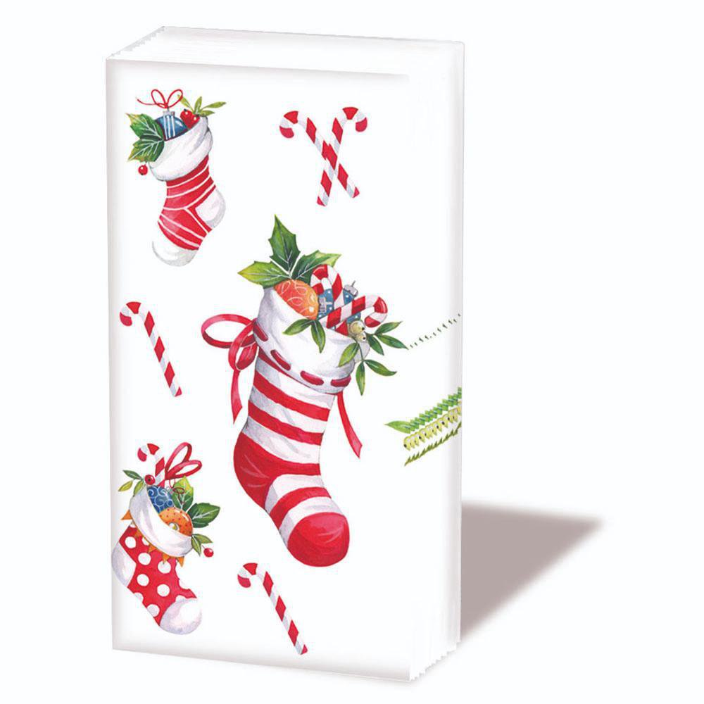 Taschentücher - X-Mas stockings white, Zuckerstangen,  Ilex,  Weihnachtssocken,  Früchte