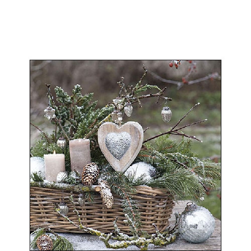 Napkins 25x25 cm - Winter Arrangement , hearts, candles, twigs, Tree decorations, tenons, fruits Napkins 25x25 cm - Winter Arrangement