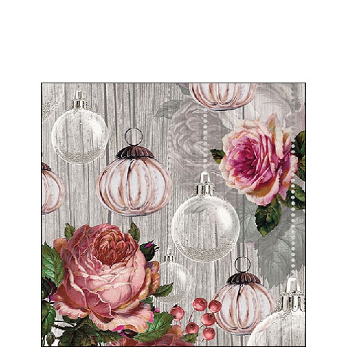 Servietten 25x25 cm - Roses And Baubles , Kugeln, Rosen, Baumschmuck, Blumen Servietten 25x25 cm - Roses And Baubles